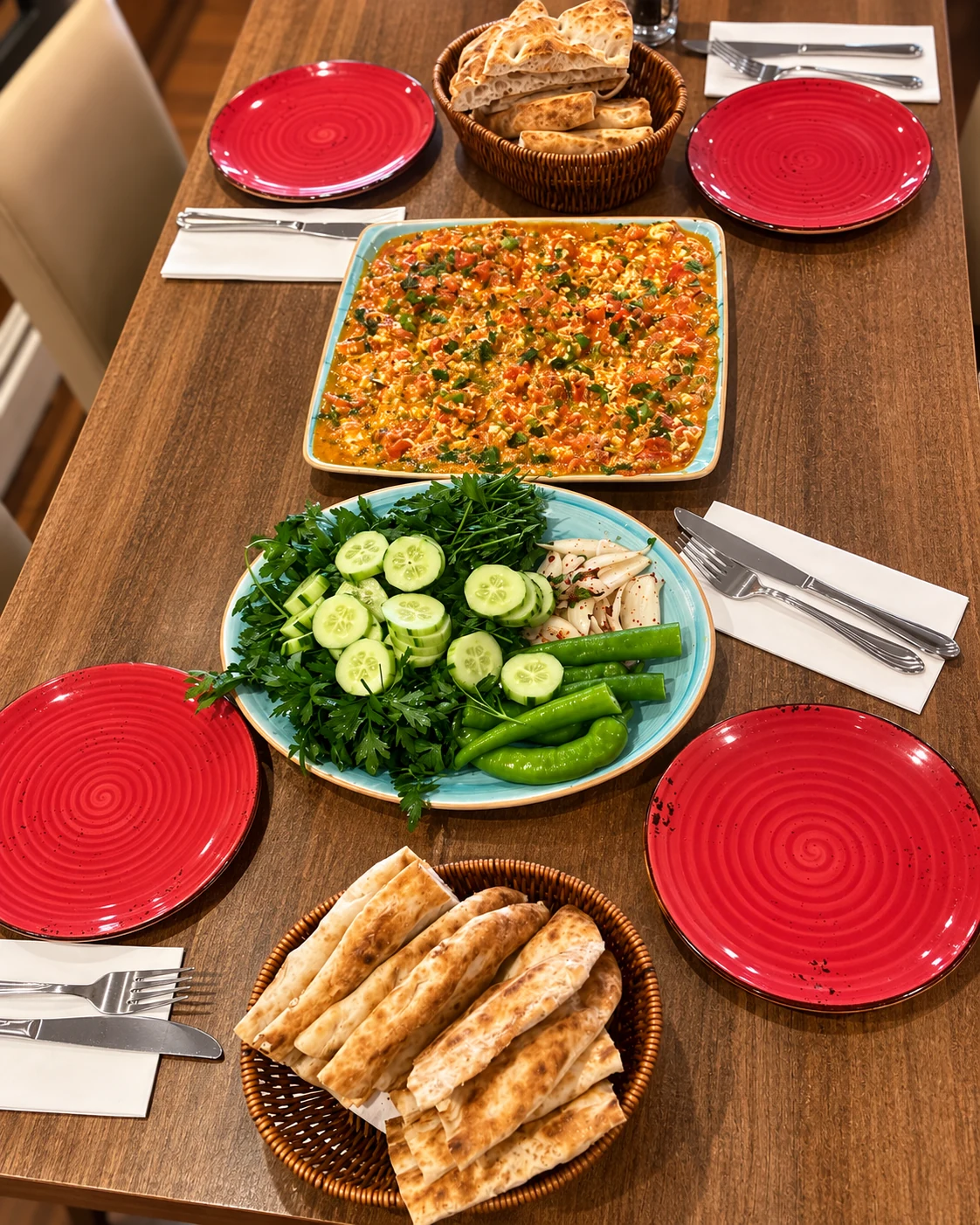 Fresh salad, flatbread and sharing dish prepared by Chef Erkan
