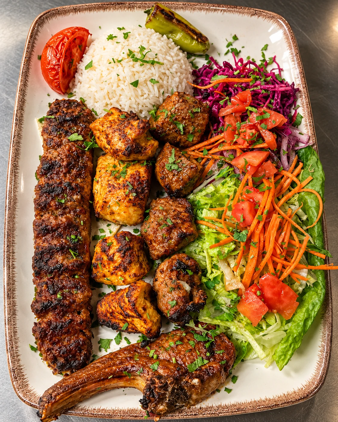 Mixed grill plate with rice and fresh salad